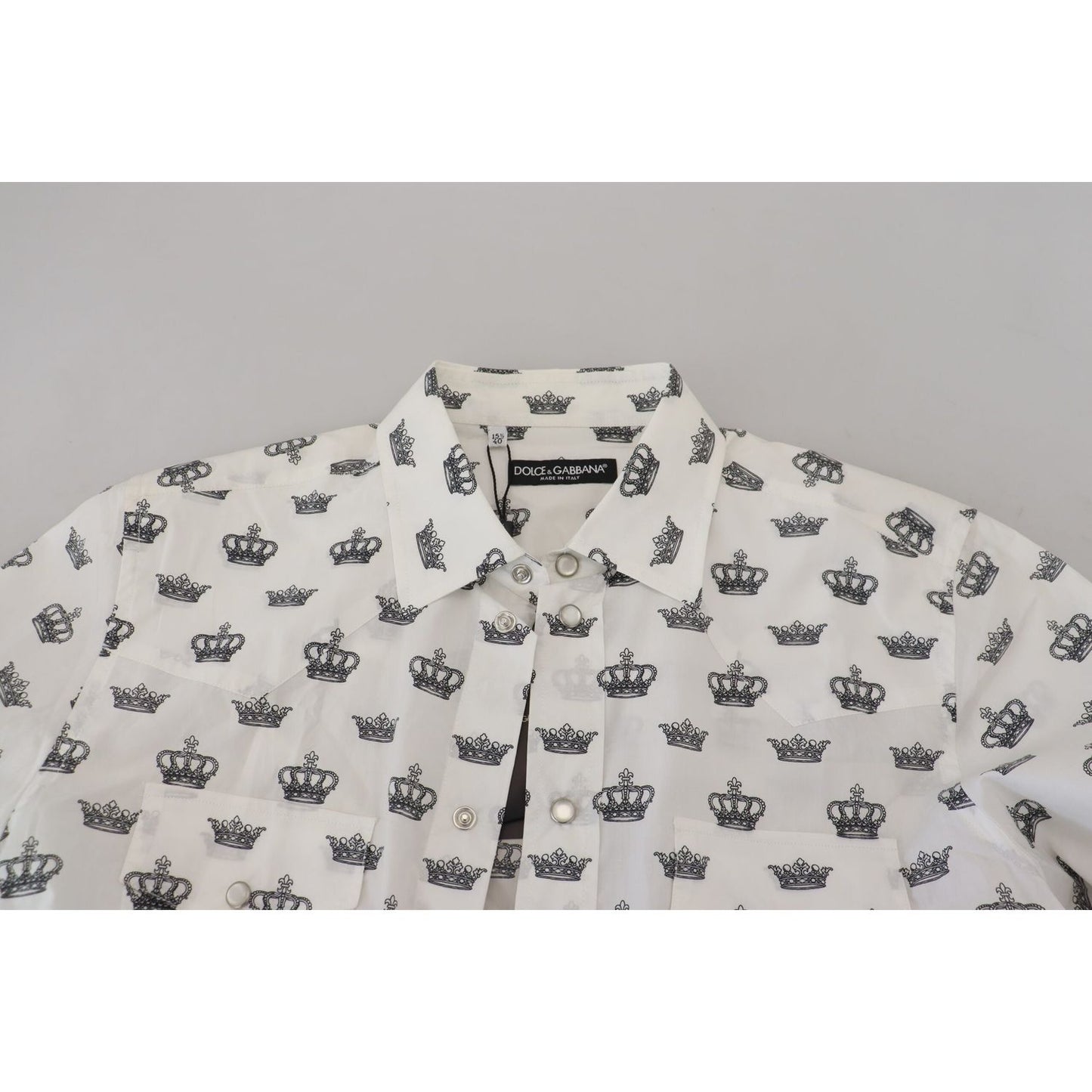 Dolce & Gabbana White Crown Print Slim Fit Cotton Shirt