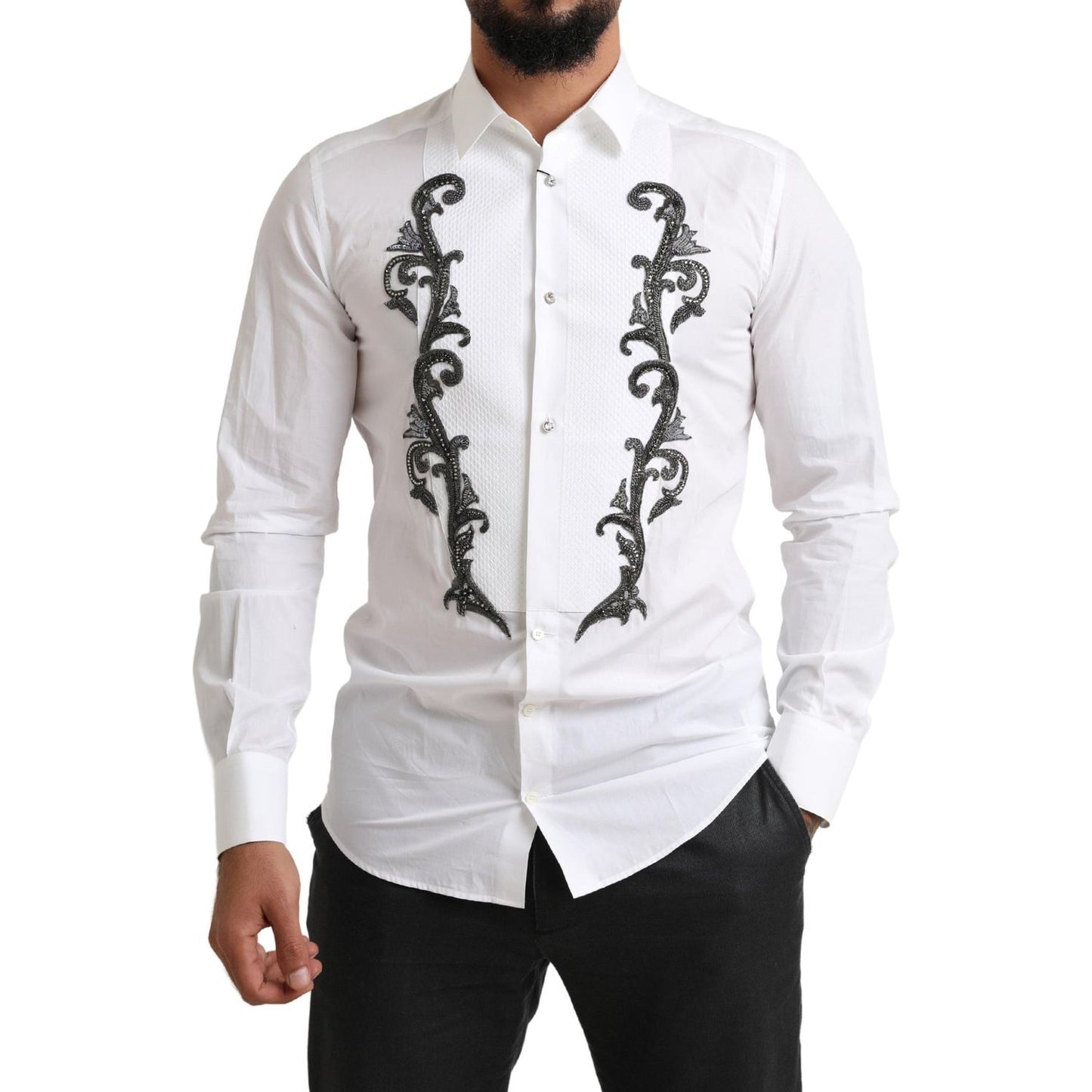 Dolce & Gabbana White Tuxedo Slim Fit Baroque Shirt TSH84093- 38