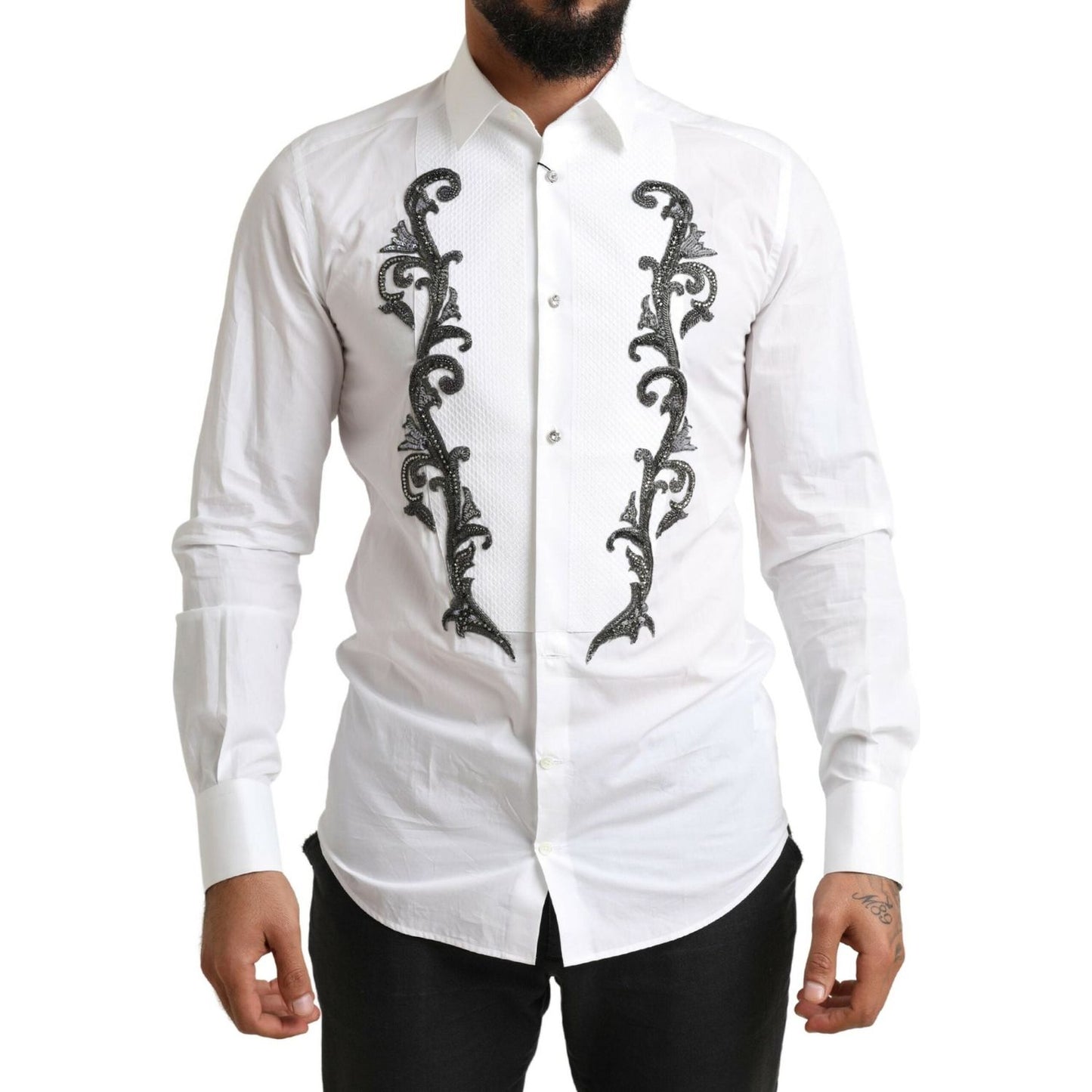 Dolce & Gabbana White Tuxedo Slim Fit Baroque Shirt TSH84093- 38
