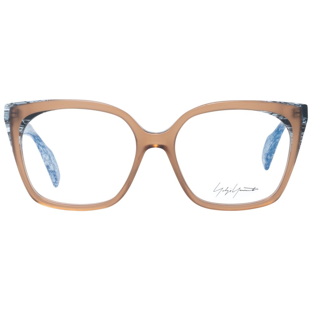 Yohji Yamamoto Brown Women Glasses Frame, plastic full-rim rectangle, size 54-16-145, demo lenses, branded soft case included.