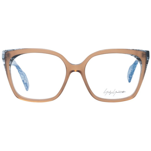 Yohji Yamamoto Brown Women Glasses Frame, plastic full-rim rectangle, size 54-16-145, demo lenses, branded soft case included.