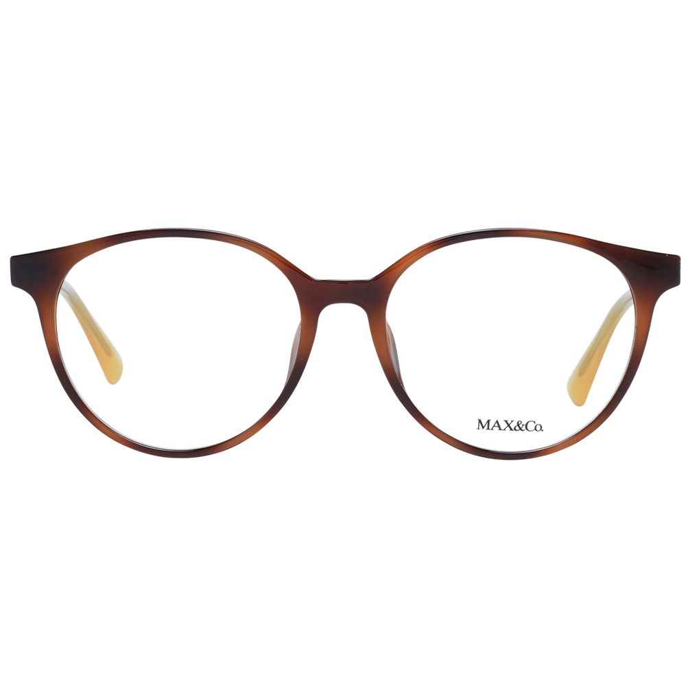 Max & Co Brown Women Glasses Frame, full-rim style with plastic material and demo lenses, round design, includes branded case.