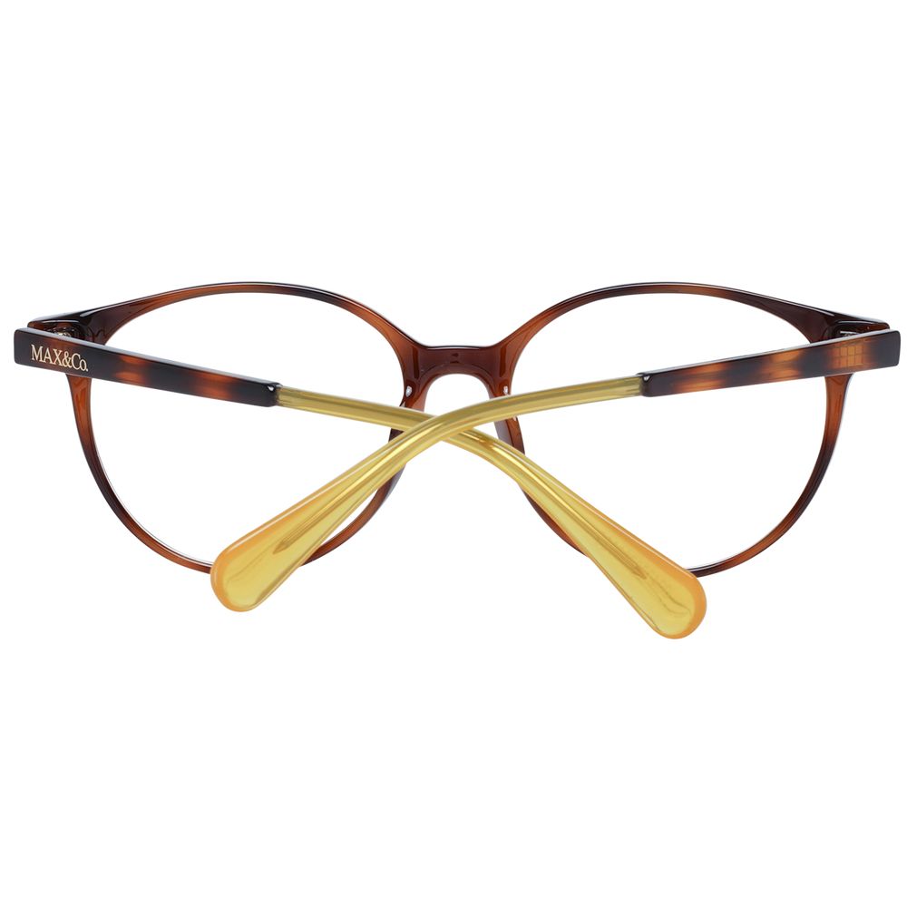 Max & Co Brown Women Glasses Frame, full-rim style with plastic material and demo lenses. Size 53-16-140, round design.