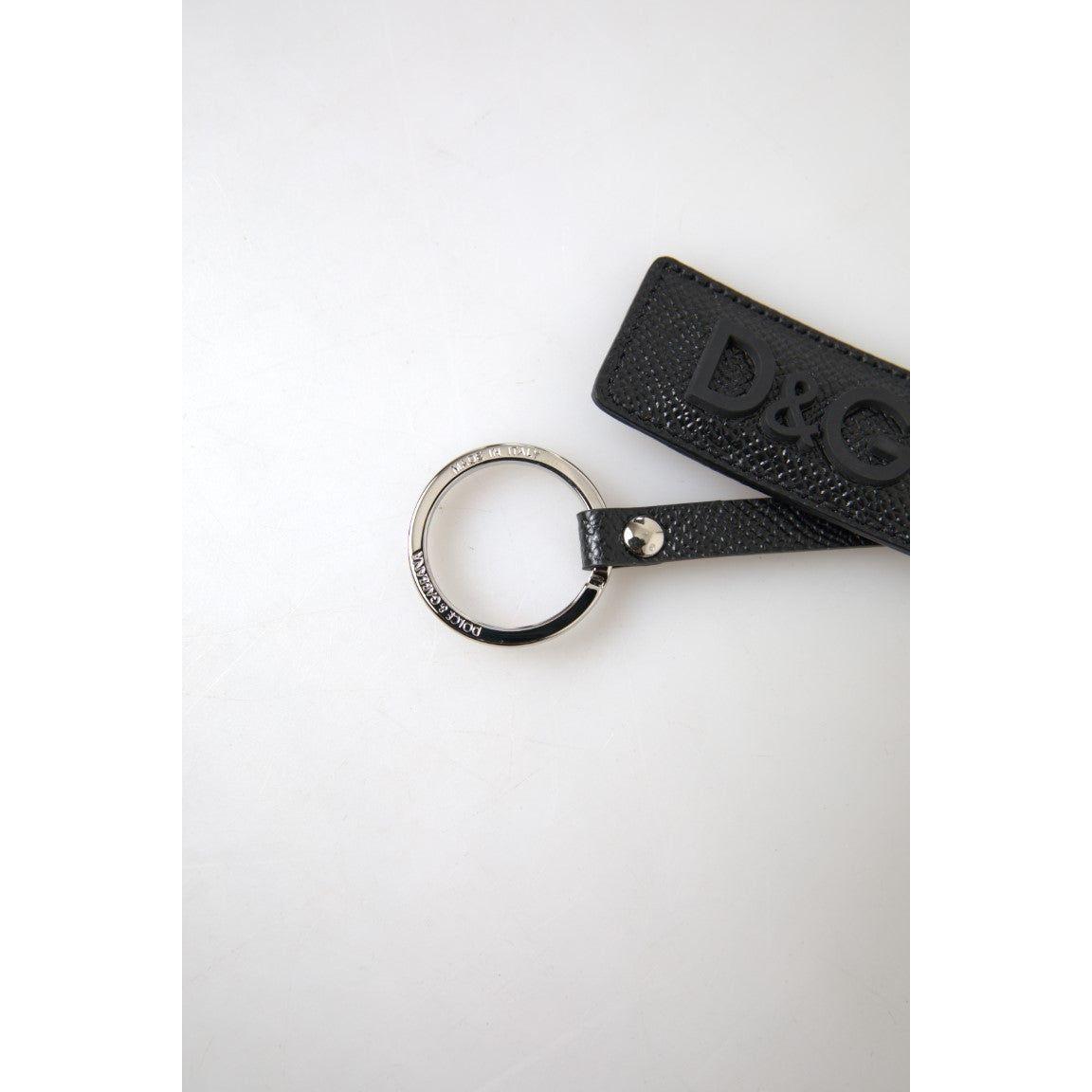 Dolce & Gabbana Black DG Logo Leather Silver Metal Keychain