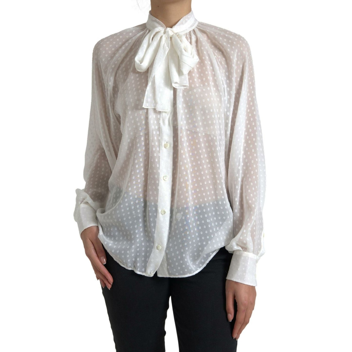 Dolce & Gabbana White Silk Sheer Tied Neck Polka Dots Blouse
