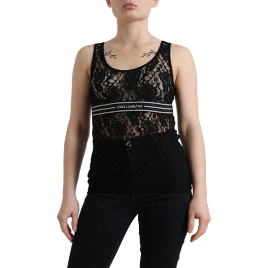 Dolce & Gabbana Black Logo Stripe Lace Sleeveless Tank Top