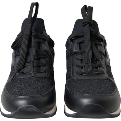 Dolce & Gabbana Black Floral Lace Leather Sneakers Shoes