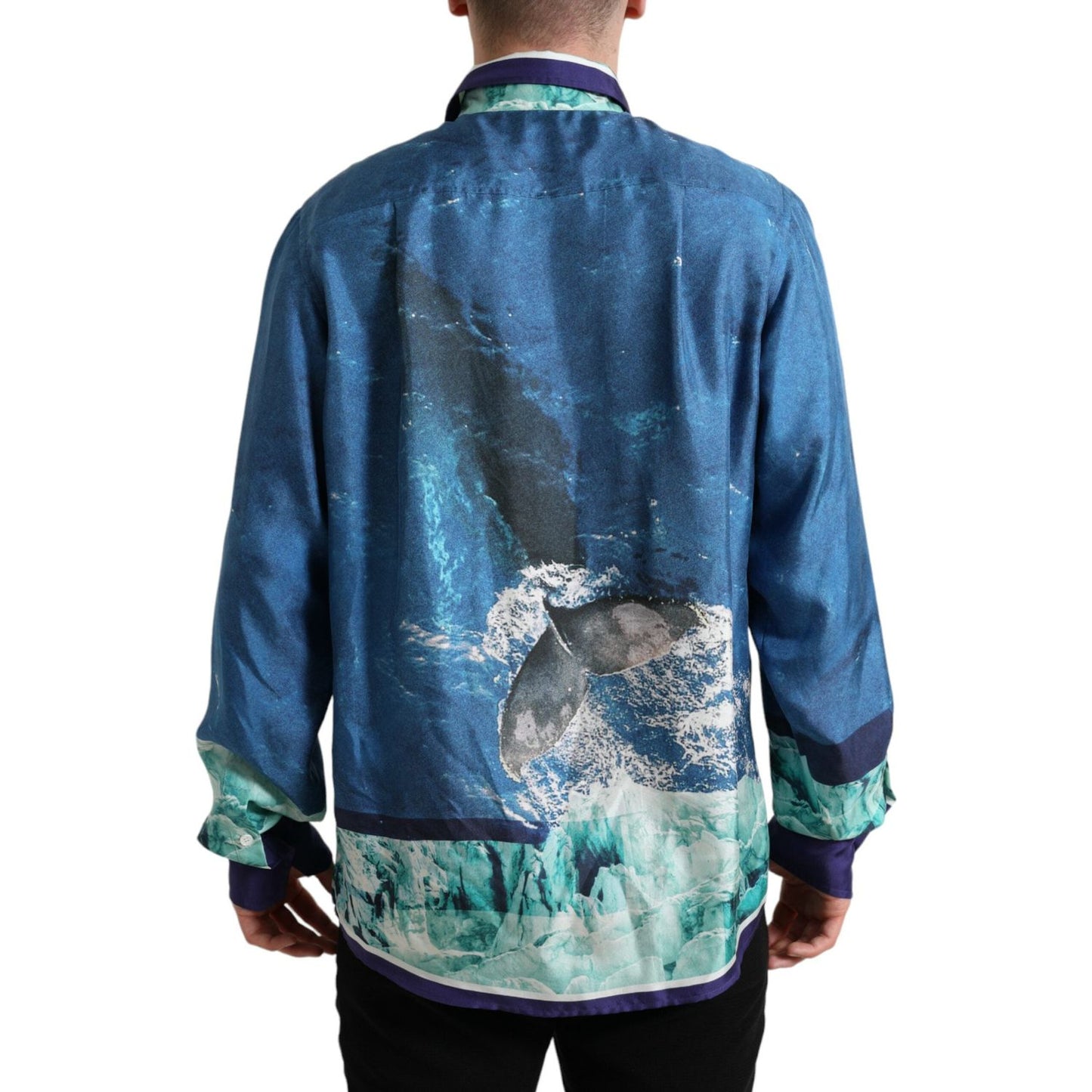 Dolce & Gabbana Blue Ocean Print Silk Collared Button Down Shirt