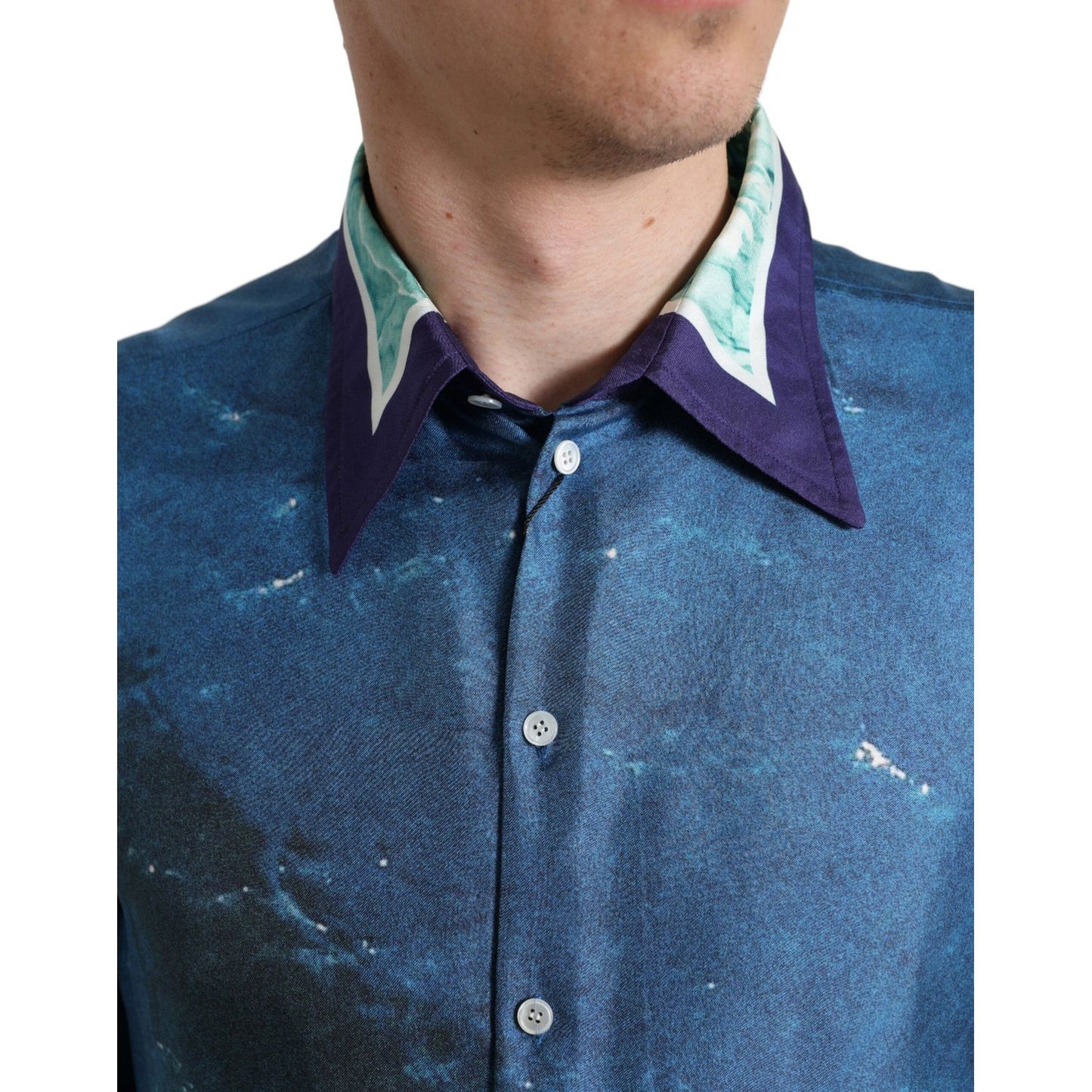 Dolce & Gabbana Blue Ocean Print Silk Collared Button Down Shirt