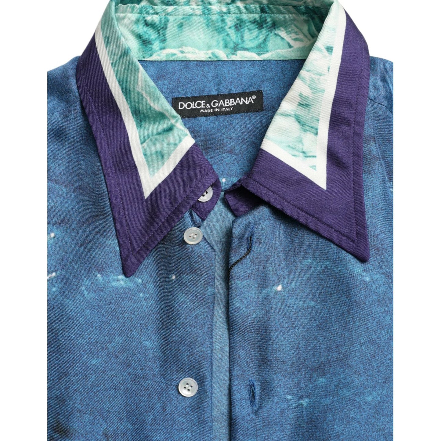 Dolce & Gabbana Blue Ocean Print Silk Collared Button Down Shirt