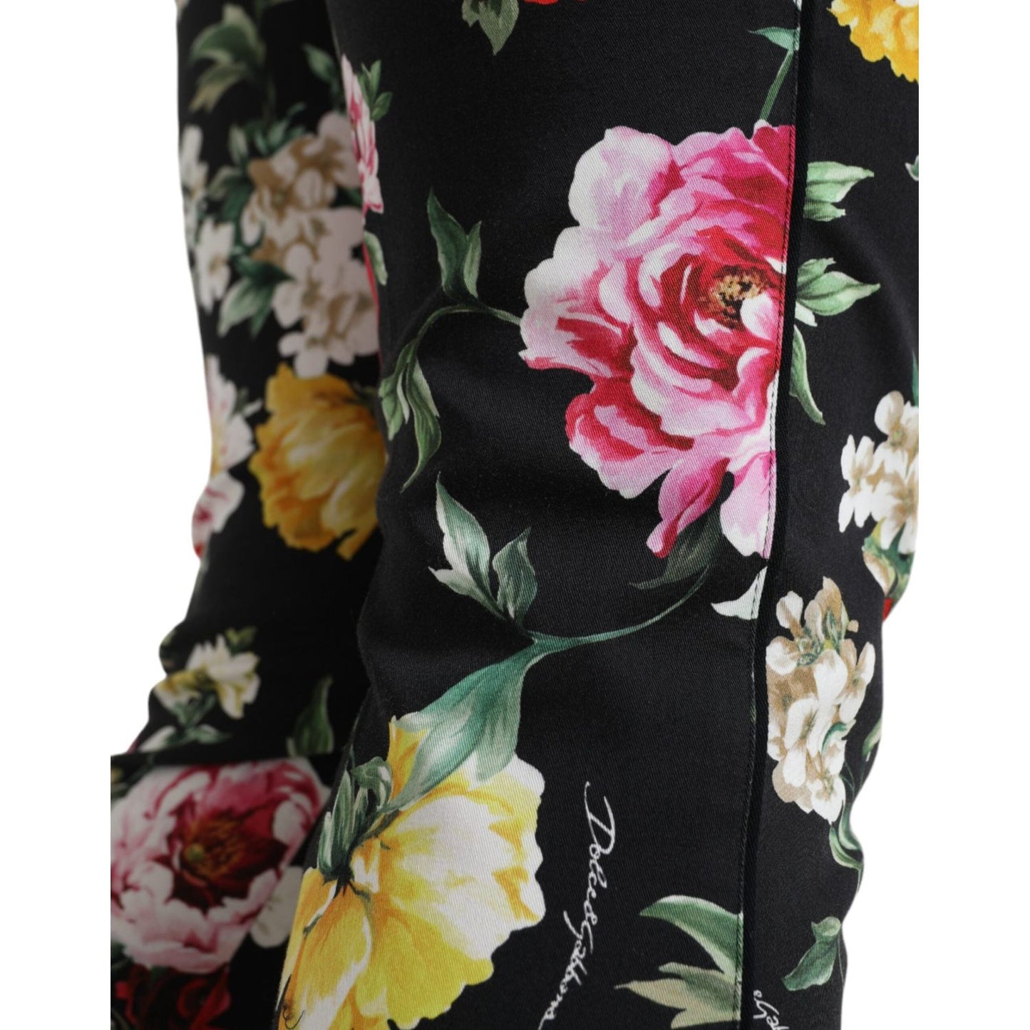 Dolce & Gabbana Black Floral Print Mid Waist Cropped Pants