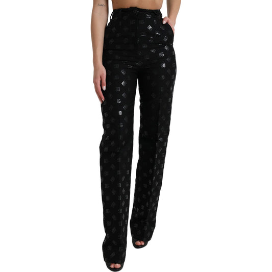 Dolce & Gabbana Black Wool DG Logo High Waist Straight Pants