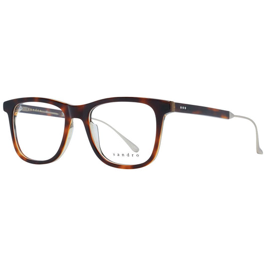 Sandro Brown Men Glasses Frame in acetate, full-rim trapezium style with demo plastic lenses, size 50-18-145, includes branded case.
