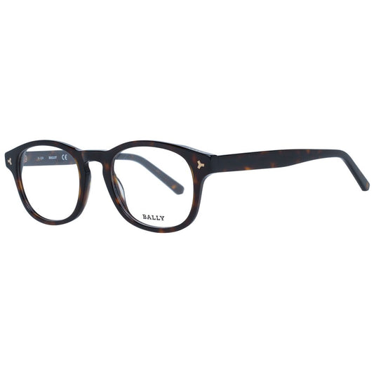 Bally Brown Men Glasses Frame, square full-rim design, plastic material, demo lenses, 50-20-145 size, stylish brown color.
