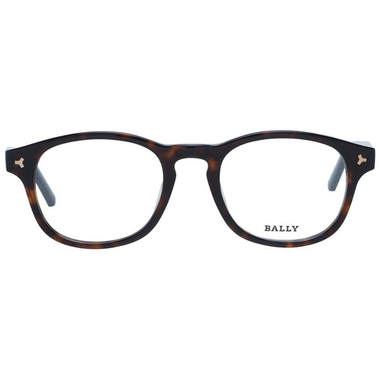 Bally Brown Men Glasses Frame, full-rim square style with brown plastic frame and demo lenses, size 50-20-145, includes branded case.