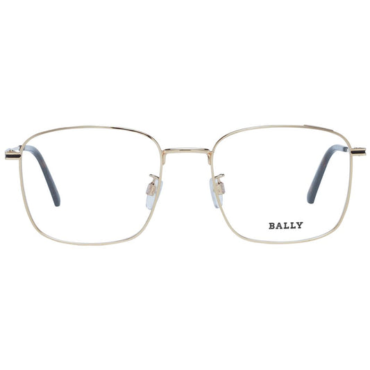 Bally Gold Men Glasses Frame in metal full-rim, square style with demo lenses, 54-19-145 size, gold color.