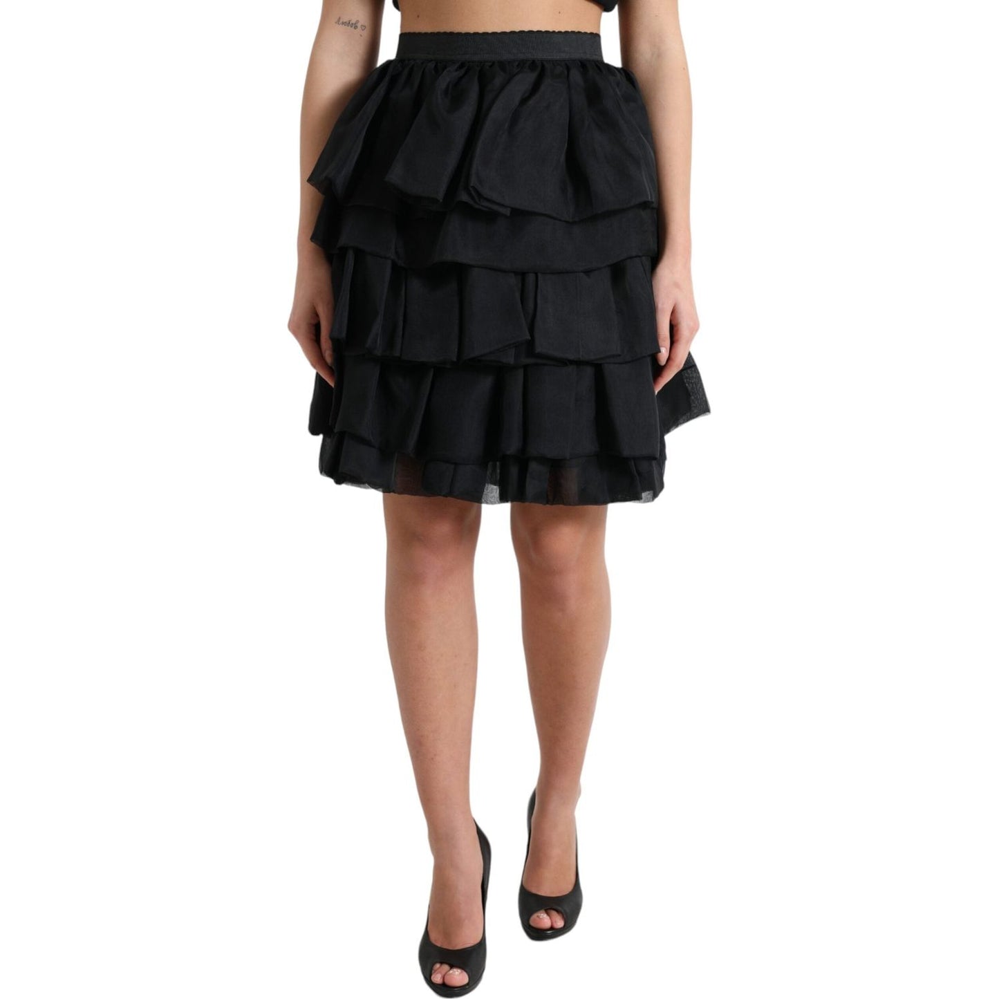 Dolce & Gabbana Black Tiered Aline High Waist Silk Mini Skirt