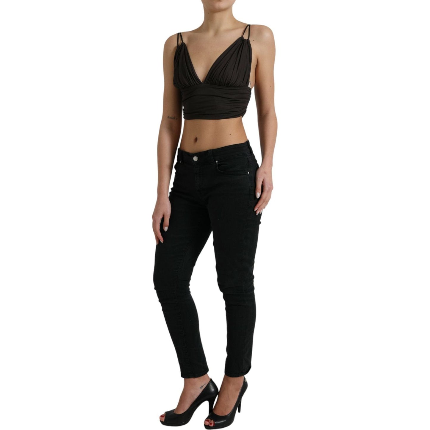Dolce & Gabbana Brown Viscose Plunging V-neck Cropped Tank Top