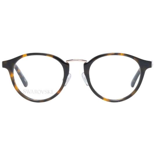 Swarovski Brown Women Glasses Frame with plastic full-rim oval style and demo lenses, includes branded case, no spring hinge.