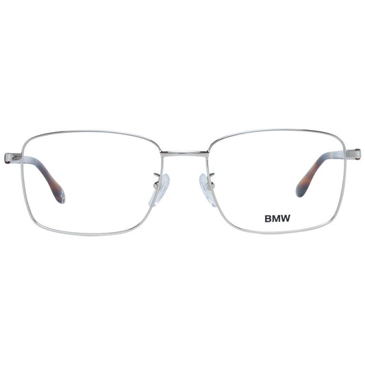 BMW Gold Men Glasses Frame in metal and plastic, gold color, rectangle style, full-rim, with 56-18-145 dimensions and branded case.