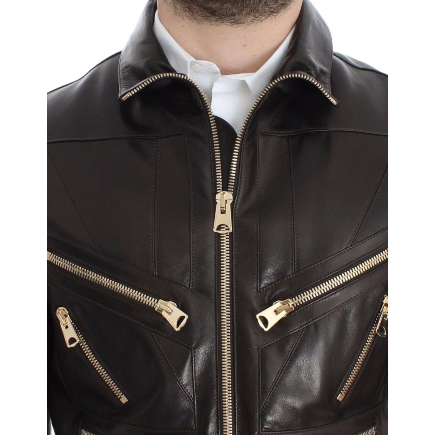 Dolce & Gabbana Brown Lambskin Leather Zipper Jacket