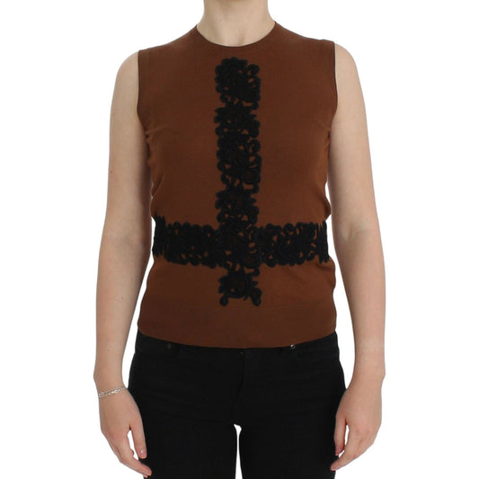 Dolce & Gabbana Brown Wool Black Lace Vest Sweater Top SIG13245-1
