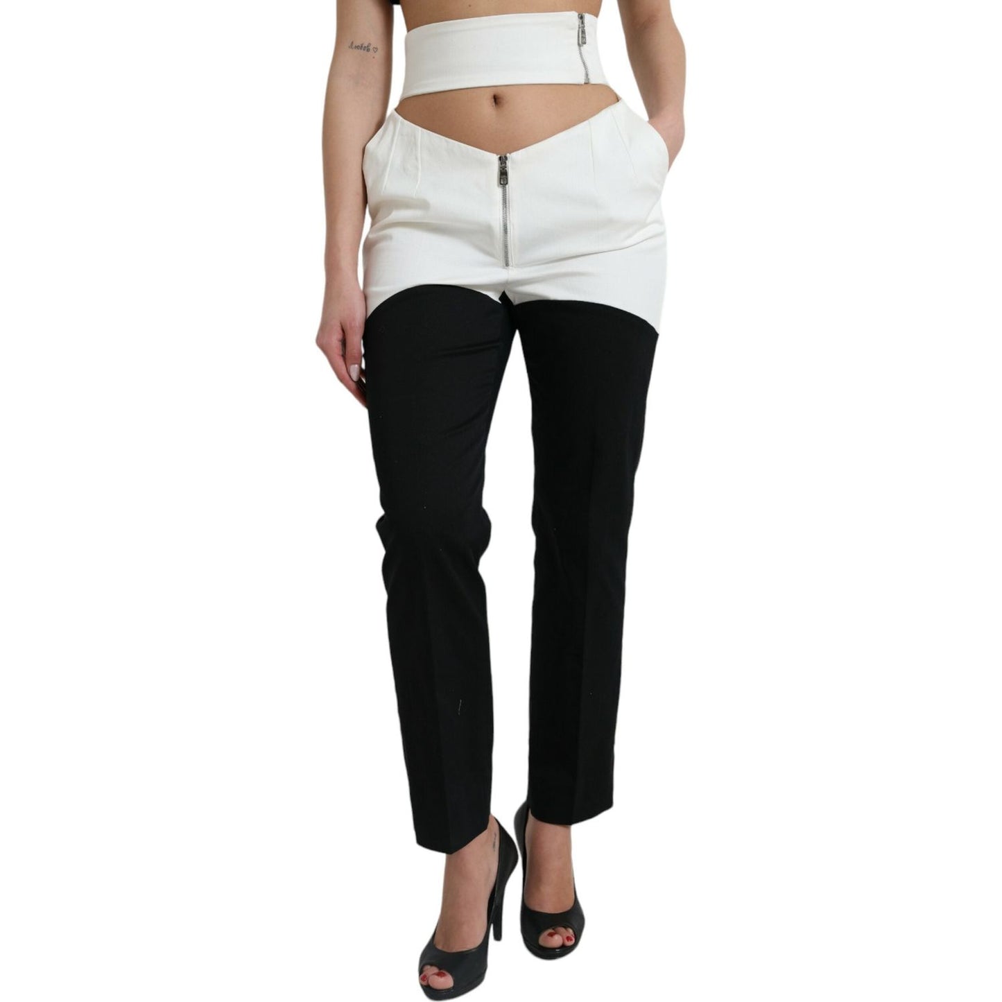 Dolce & Gabbana Black White Cotton Cut Out Waist Tapered Pants