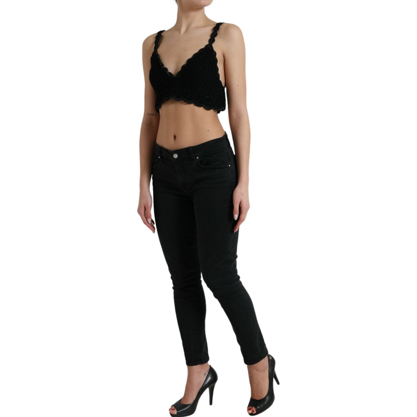 Dolce & Gabbana Black Cotton Bustier Cropped Crochet Tank Top