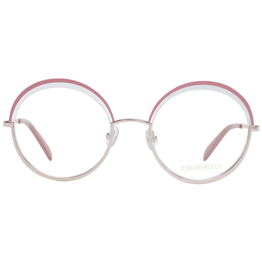 Emilio Pucci Pink Women Glasses Frame in rose color with metal half-rim style, round shape, and demo lenses.