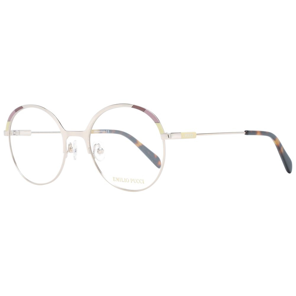 Emilio Pucci Gold Women Glasses Frame with full-rim metal frame and round design, includes branded case.