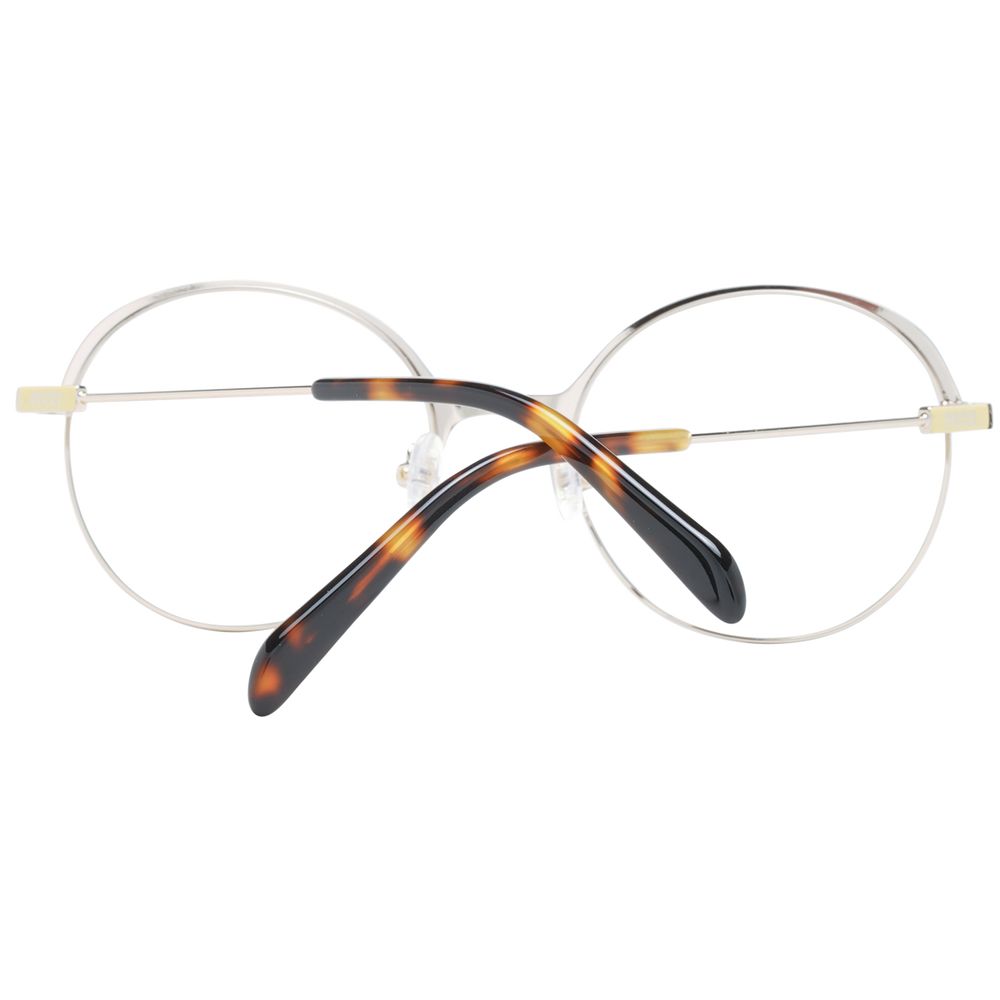 Emilio Pucci Gold Women Glasses Frame, round full-rim metal design with demo lenses, featuring tortoiseshell temples.