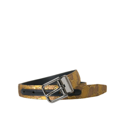 Dolce & Gabbana Gold Leather Jacquard Silver Metal Buckle Belt