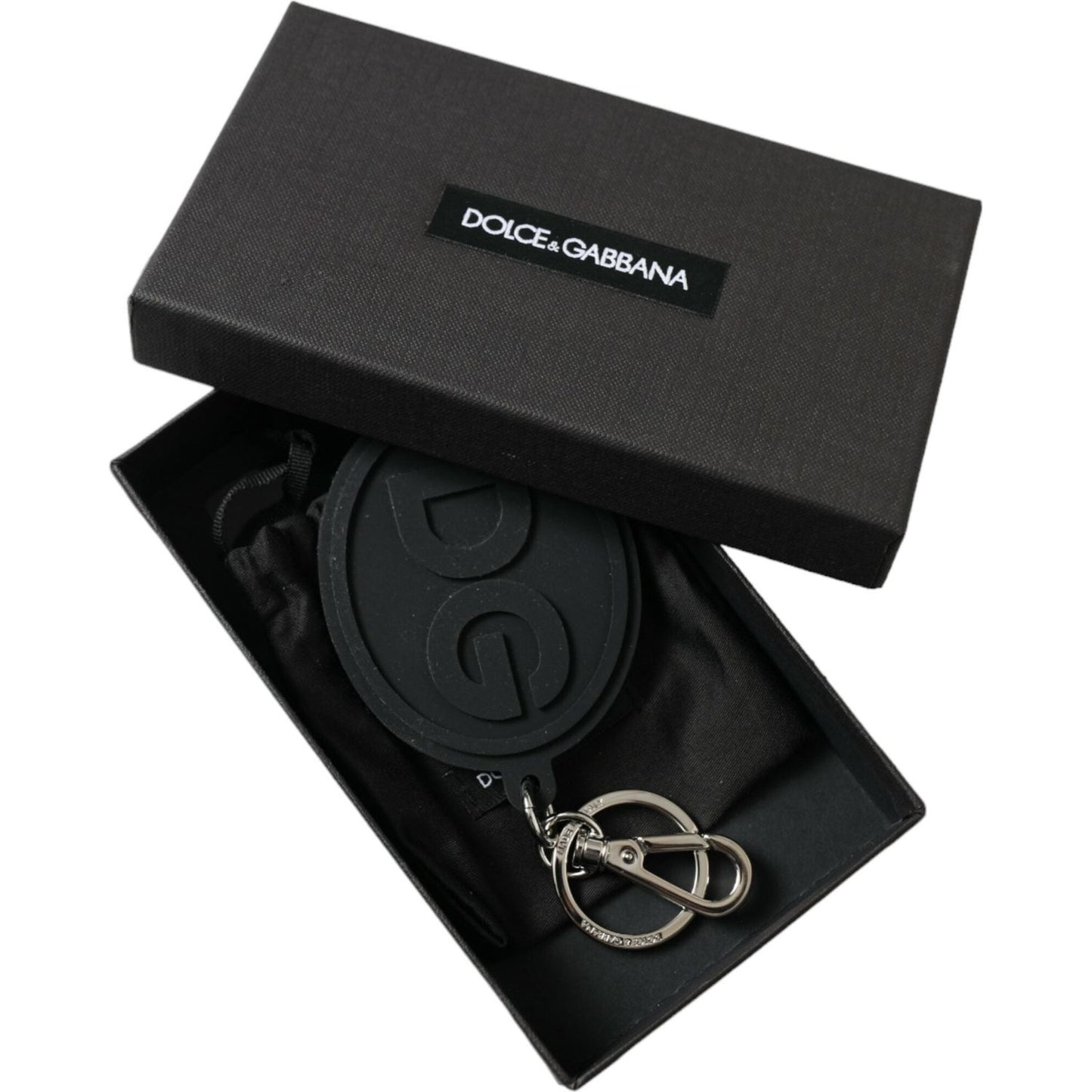 Dolce & Gabbana Black Rubber DG Logo Silver Brass Metal Keyring Keychain
