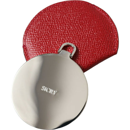 Dolce & Gabbana Red Calfskin Leather Round Logo Hand Mirror Holder