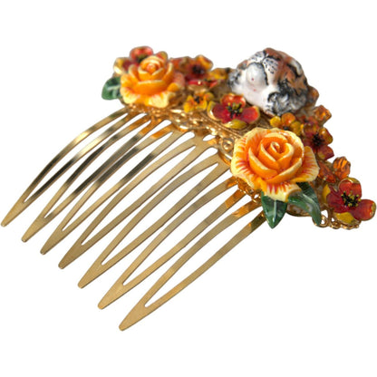 Dolce & Gabbana Gold Brass Crystal Leopard Floral Hair Comb