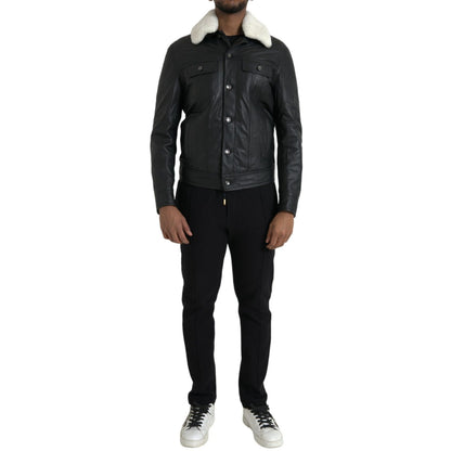 Dolce & Gabbana Black Leather Fur Collar Biker Coat Jacket