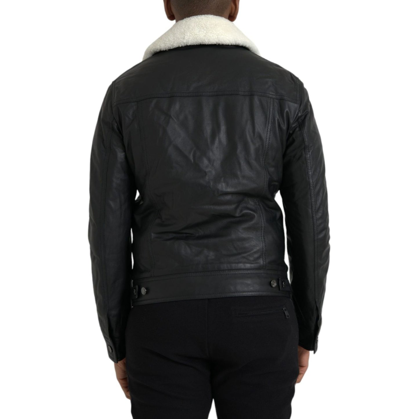 Dolce & Gabbana Black Leather Fur Collar Biker Coat Jacket
