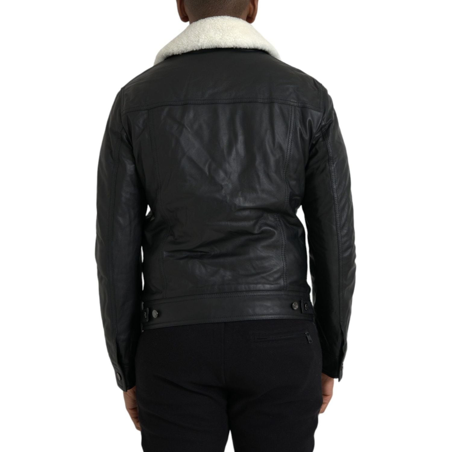 Dolce & Gabbana Black Leather Fur Collar Biker Coat Jacket