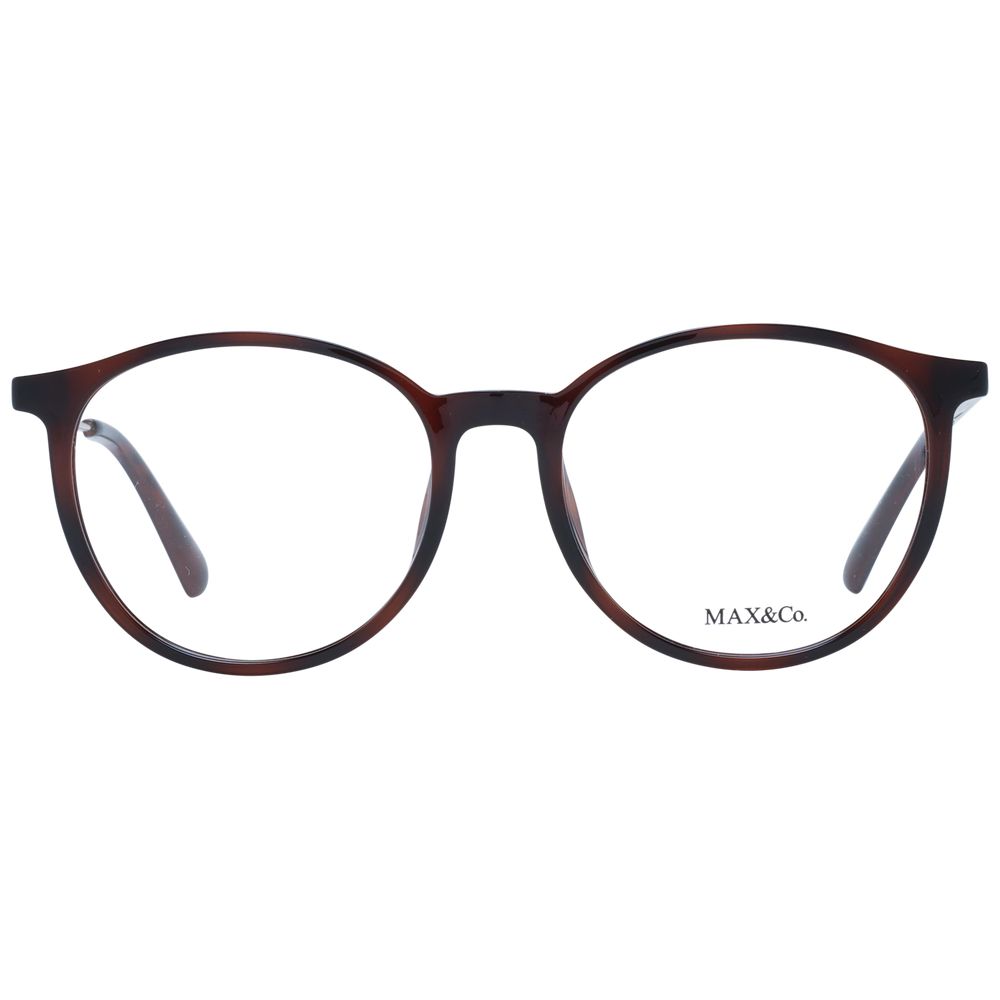 Max & Co Brown Women Glasses Frame, plastic full-rim panto style with demo lenses, size 52-17-140, includes branded case.