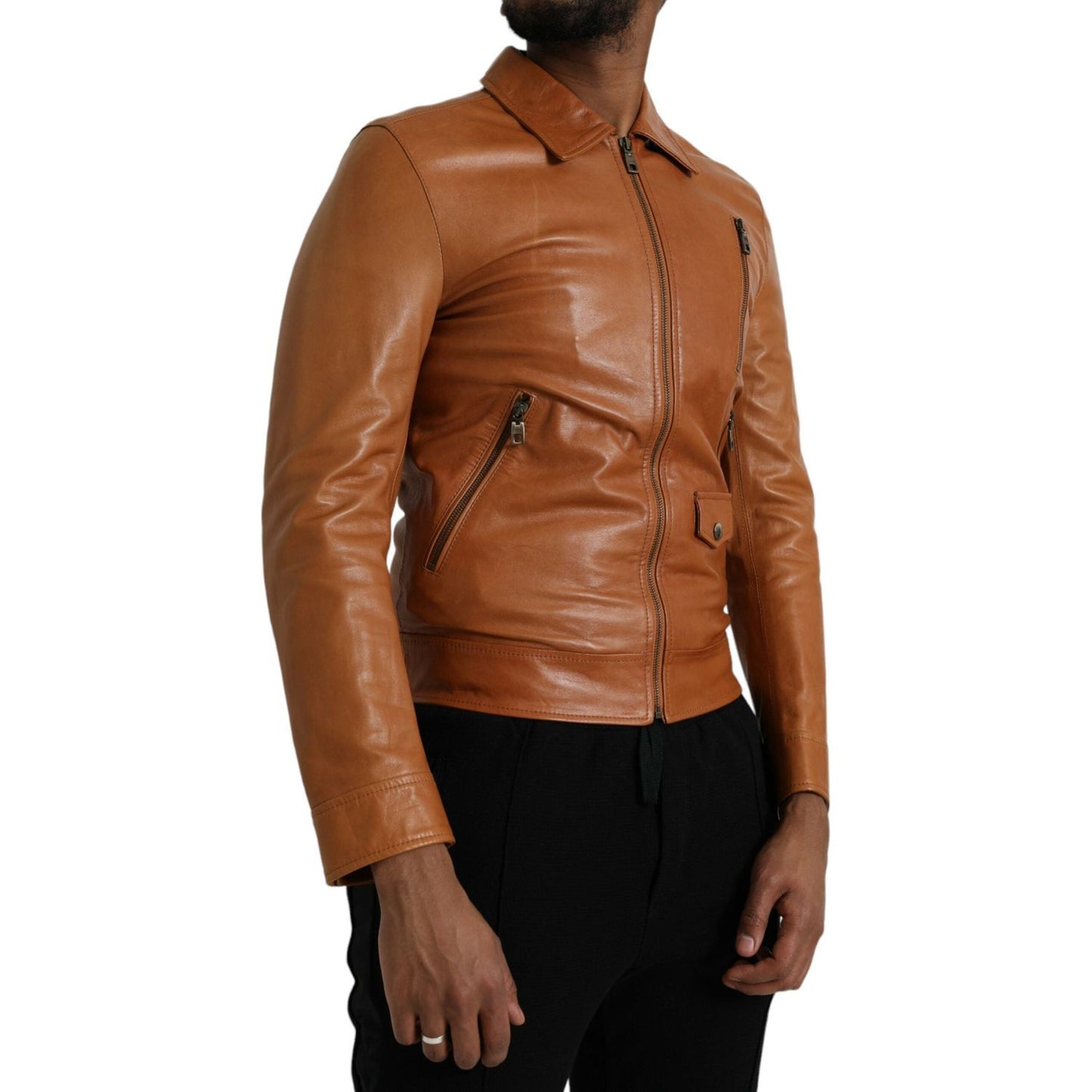 Dolce & Gabbana Brown Lamb Leather Full Zip Blouson Jacket