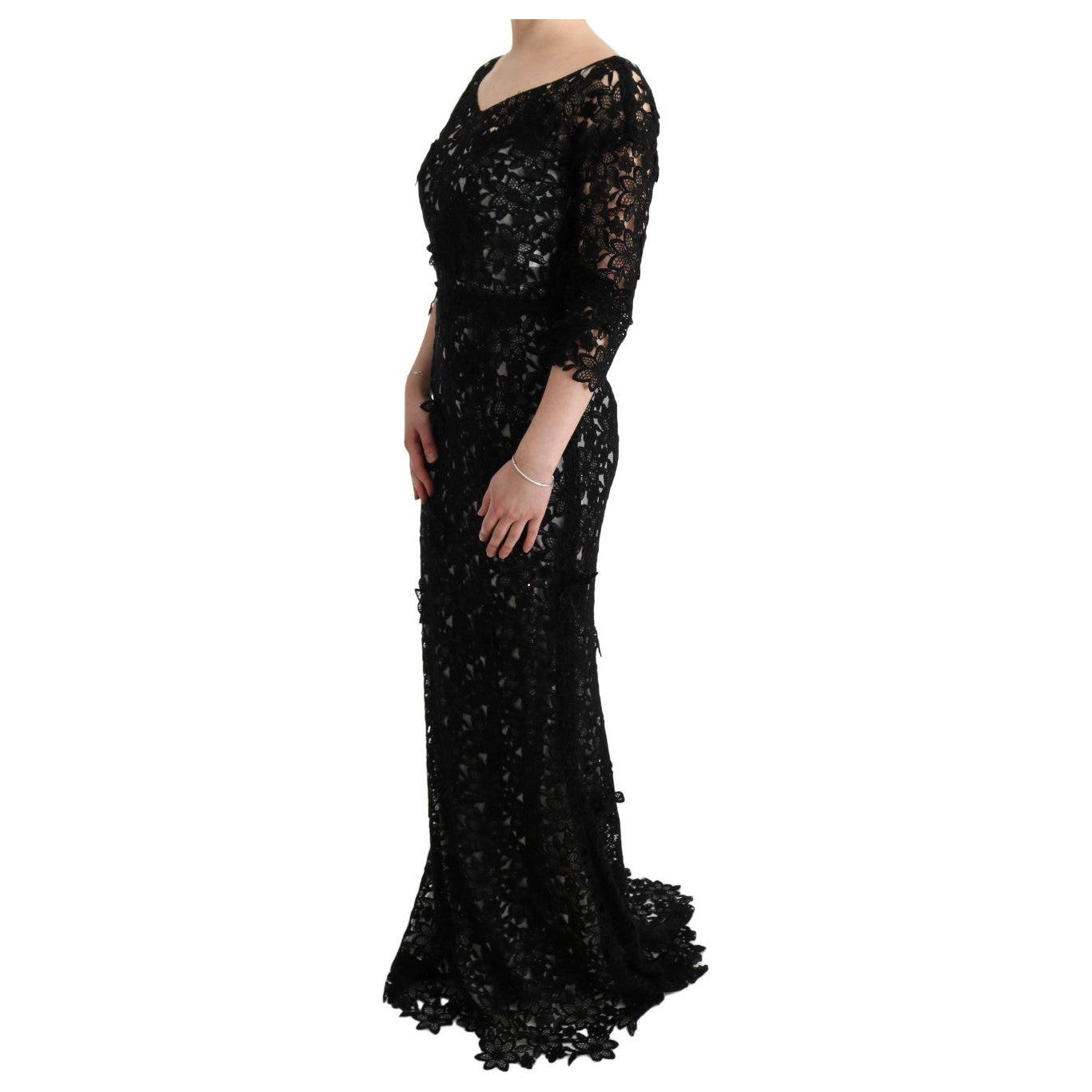 Dolce & Gabbana Black Cotton Silk Floral Long Dress Dresses