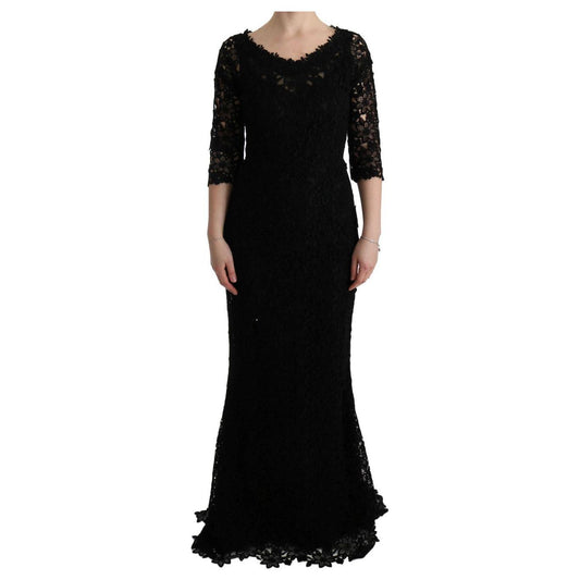 Dolce & Gabbana Black Floral Ricamo Sheath Long Dress