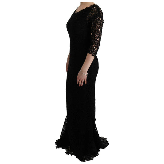Dolce & Gabbana Black Floral Ricamo Sheath Long Dress