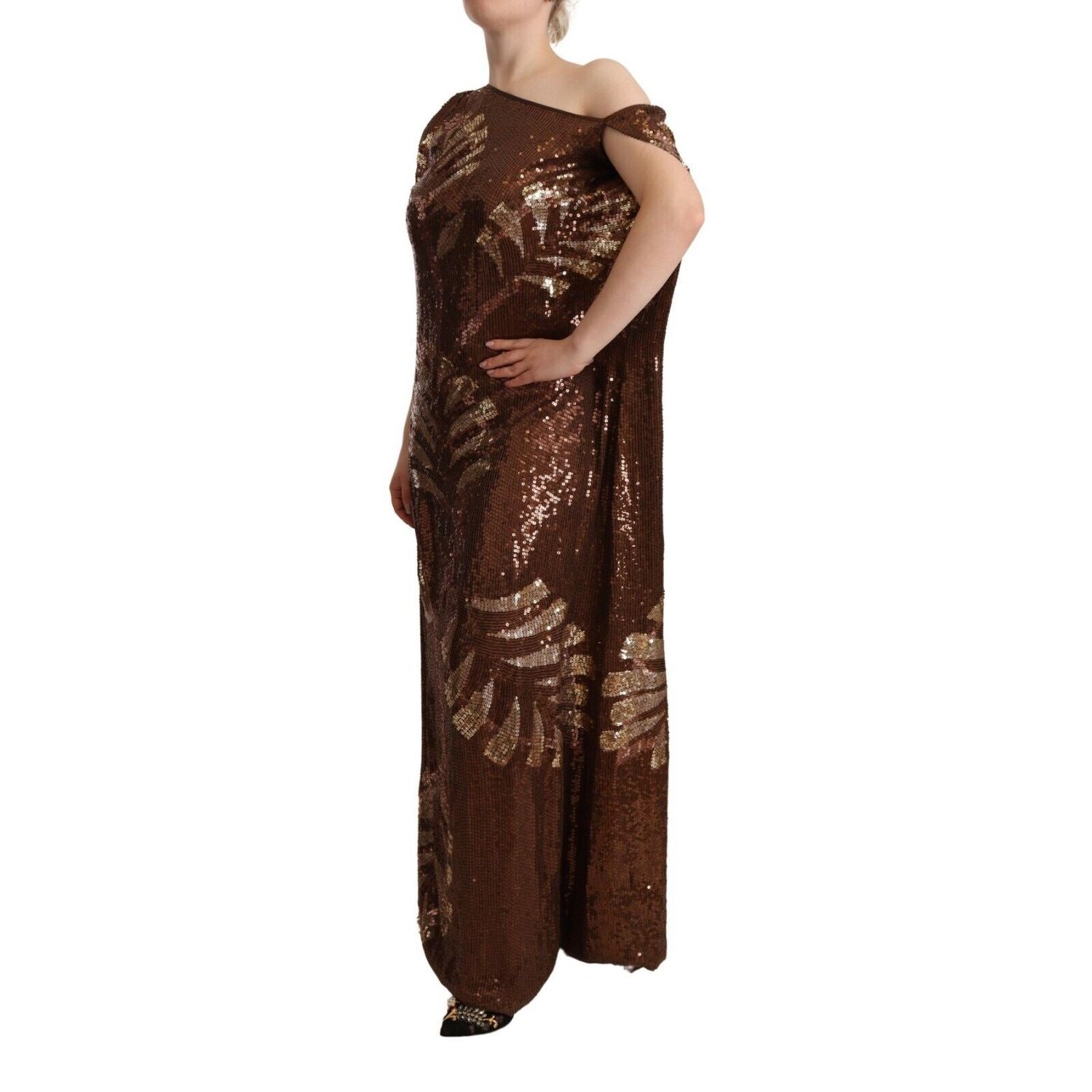 Dsquared² Brown Leaf Sequined Shift One Shoulder Long Dress