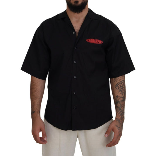 Dsquared² Black Cotton Collared Logo Print Short Sleeve Shirt