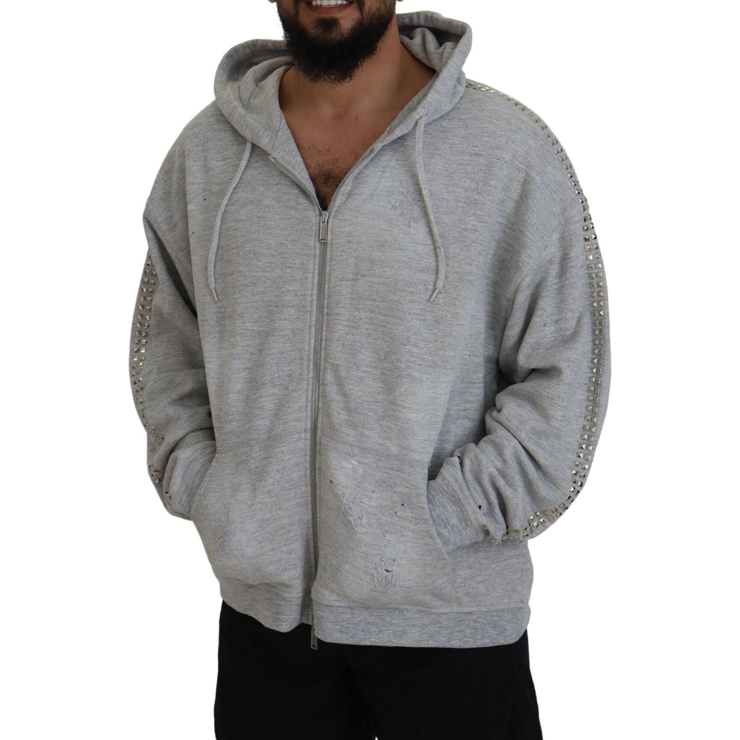 سترة رمادية بغطاء رأس مطبوعة مزينة بالكريستال من Dsquared²