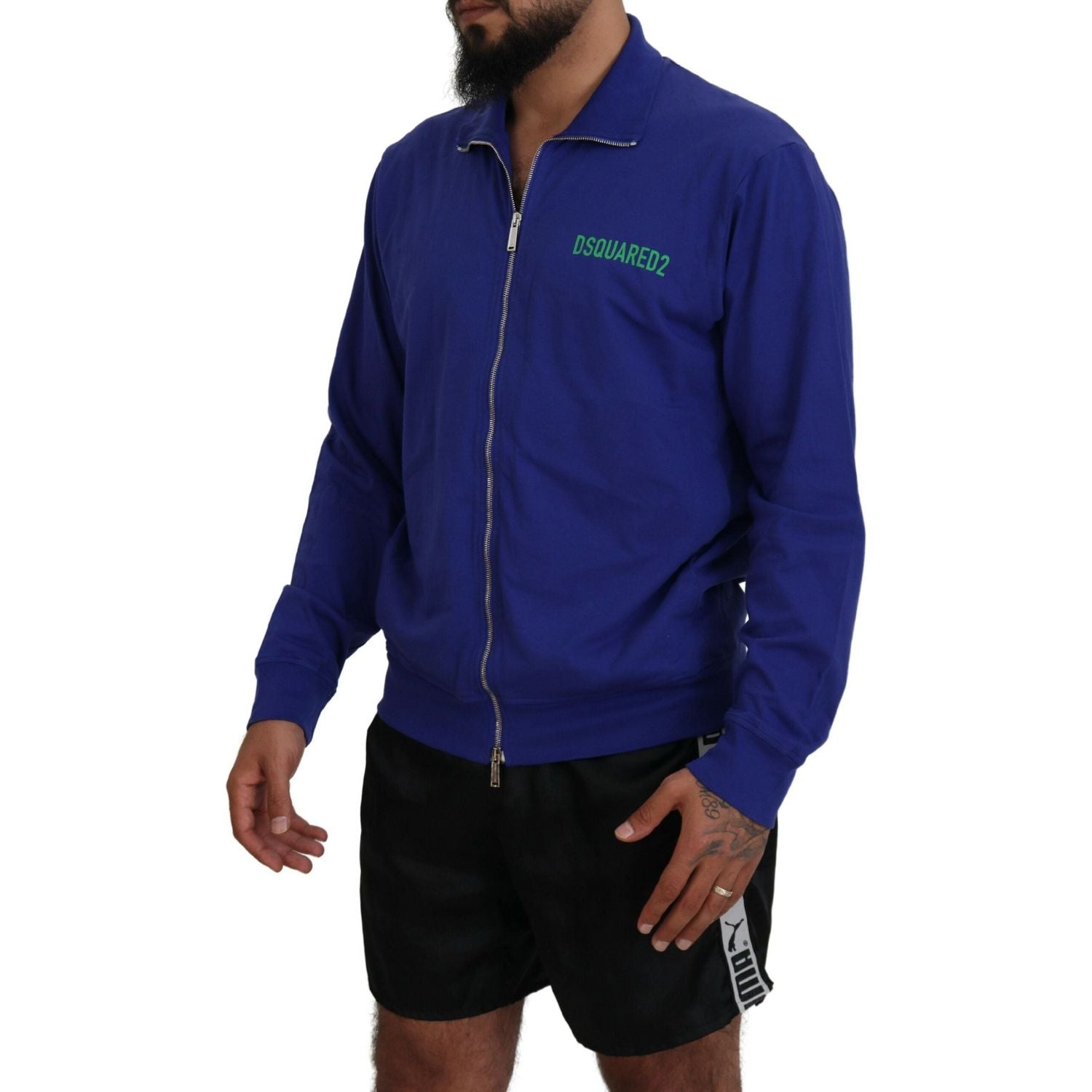 سترة رجالية من Dsquared² بسحاب كامل وياقة مطبوعة من القطن باللون الأزرق