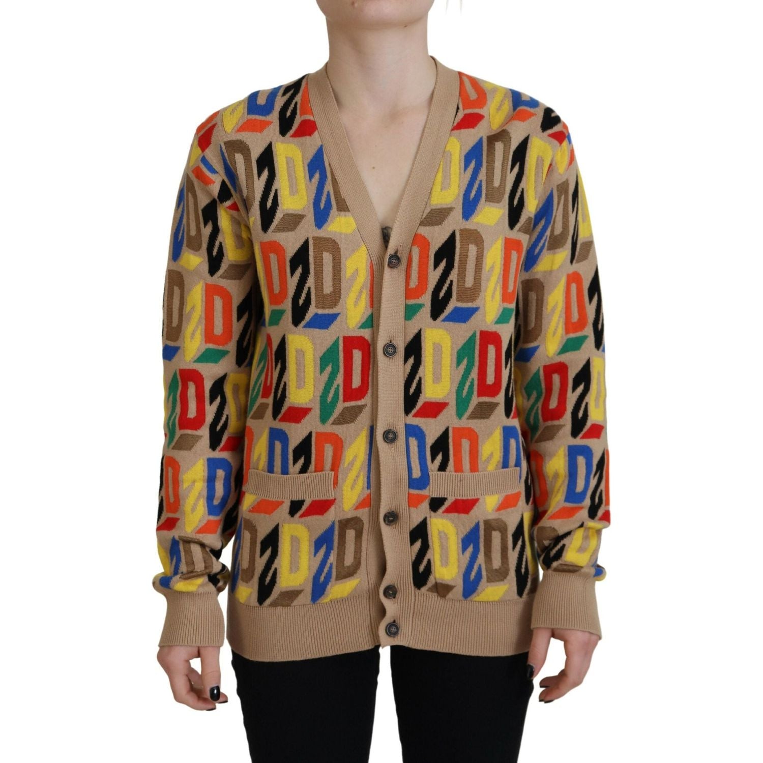 سترة كارديجان نسائية بأكمام طويلة وشعار Dsquared² باللون البني