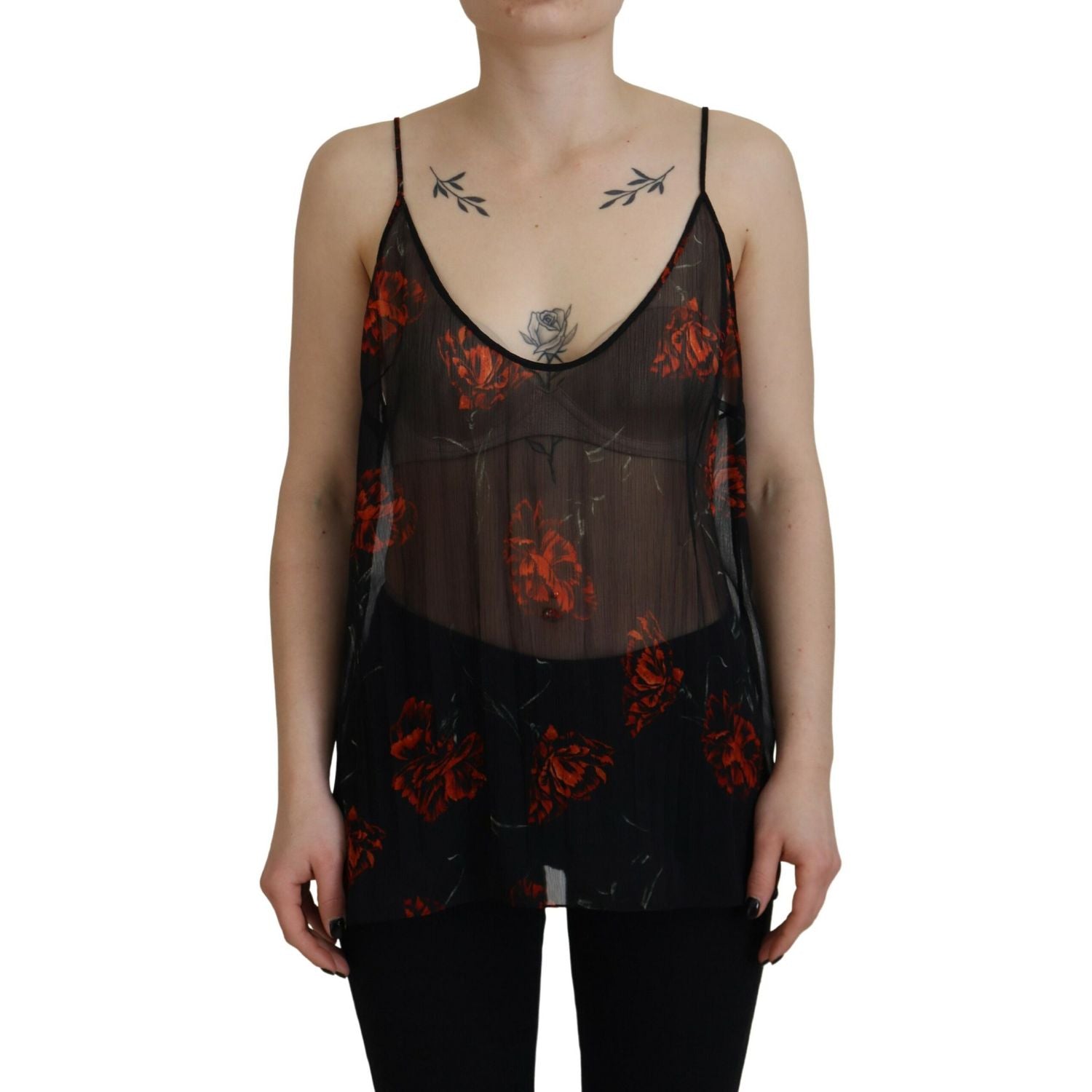 Dsquared² Black Floral Print Spaghetti Strap Tank Blouse Top