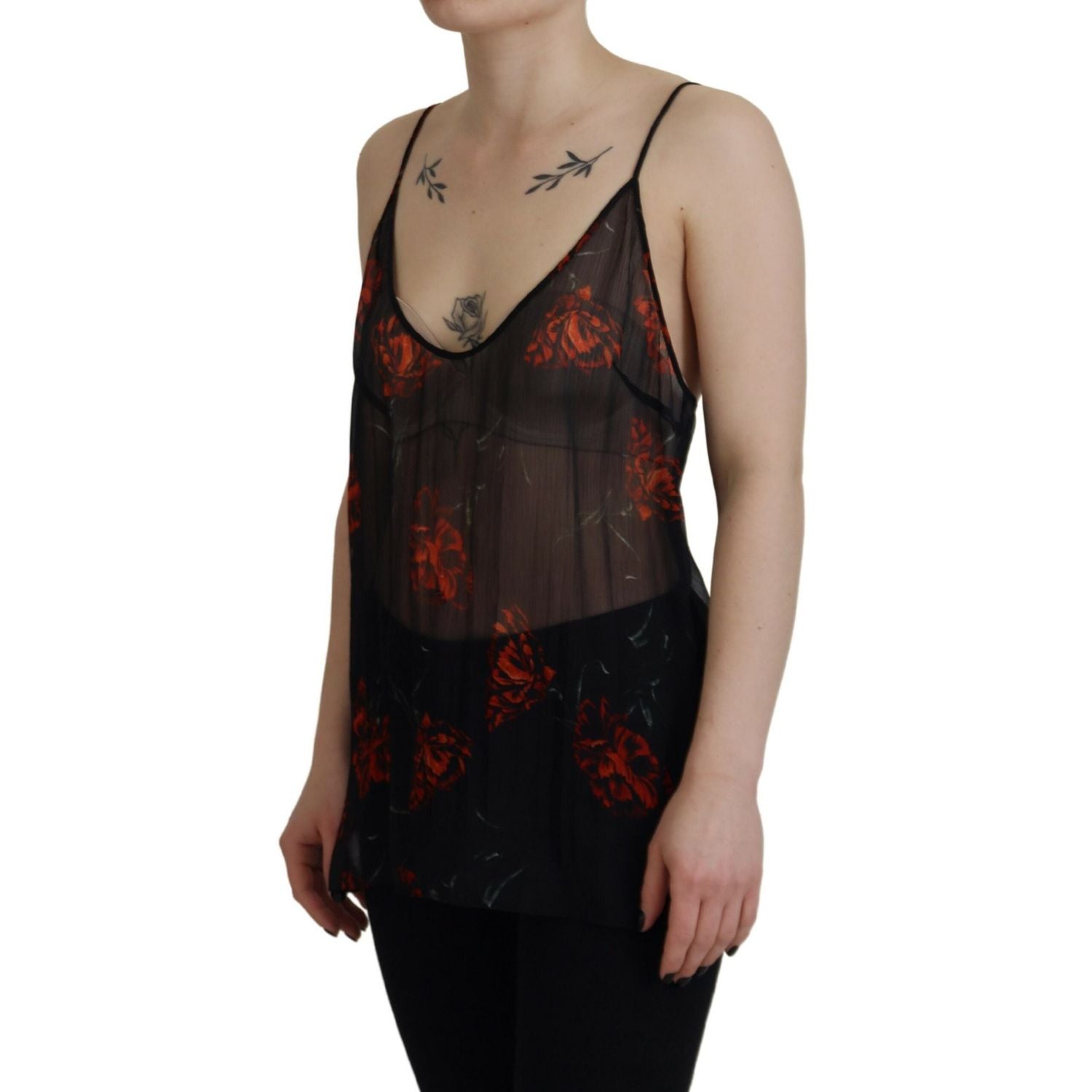 Dsquared² Black Floral Print Spaghetti Strap Tank Blouse Top